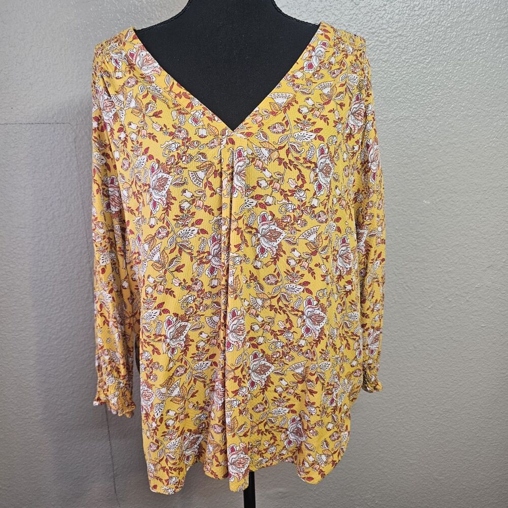 Jones New York Women 2X Yellow Floral Peasant Blouse 3/4 Sleeve Boho Top H556